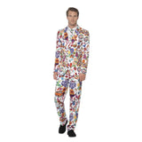 1960’s groovy stand out suit with jacket, pants, and tie in colourful peace and flower power print
