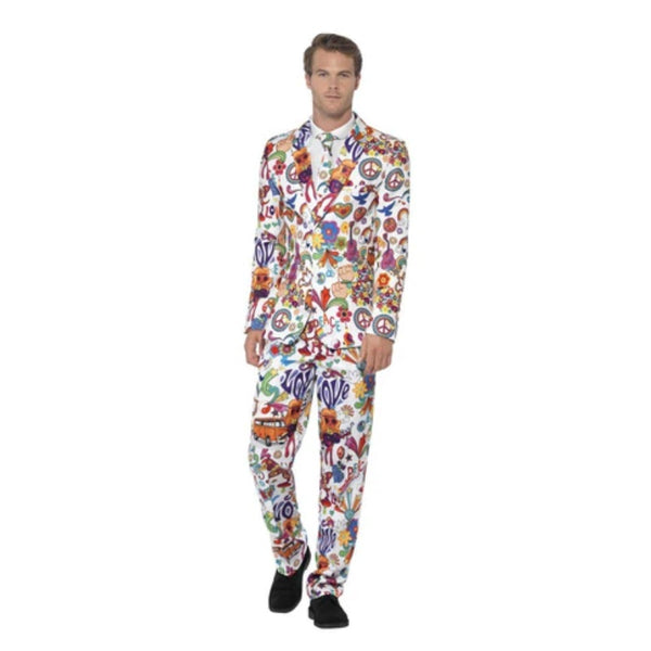 1960’s groovy stand out suit with jacket, pants, and tie in colourful peace and flower power print
