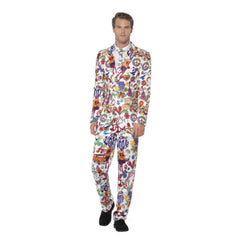 1960’s groovy stand out suit with jacket, pants, and tie in colourful peace and flower power print
