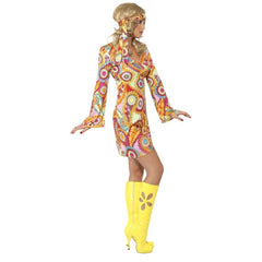 1960's Hippy Chick Costume, floral and swirl colourful print, dress with bell sleeve and matching headband.