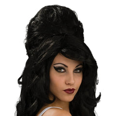 1960s black beehive wig for adults with side fringe and vintage volume