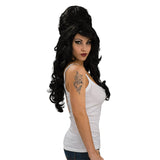 1960s black beehive wig for adults with side fringe and vintage volume