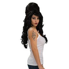 1960s black beehive wig for adults with side fringe and vintage volume