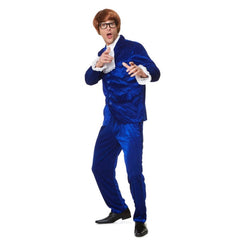 1960s Mr Mojo Blue Velvet Suit with jacket, trousers, and cravat, retro men’s costume