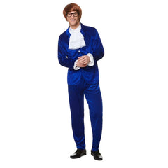 1960s Mr Mojo Blue Velvet Suit with jacket, trousers, and cravat, retro men’s costume