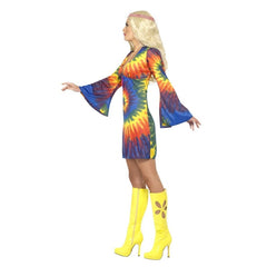 Blue 1960’s tie dye dress with psychedelic swirl print for hippie parties and retro costumes