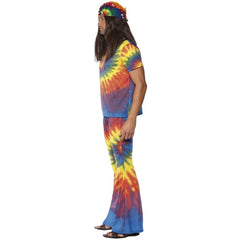 1960’s tie dye hippie costume with multi-coloured top and matching flared trousers for retro parties