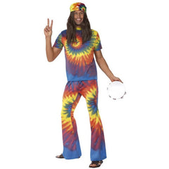 1960’s tie dye hippie costume with multi-coloured top and matching flared trousers for retro parties