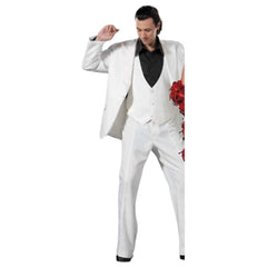 1970's Fever White 3 Piece Men's Suit - Hire, flared fitted pants, white lined jacket, vest and black shirt.