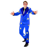 Men’s 1970s blue rocket-themed costume with stars and red glasses