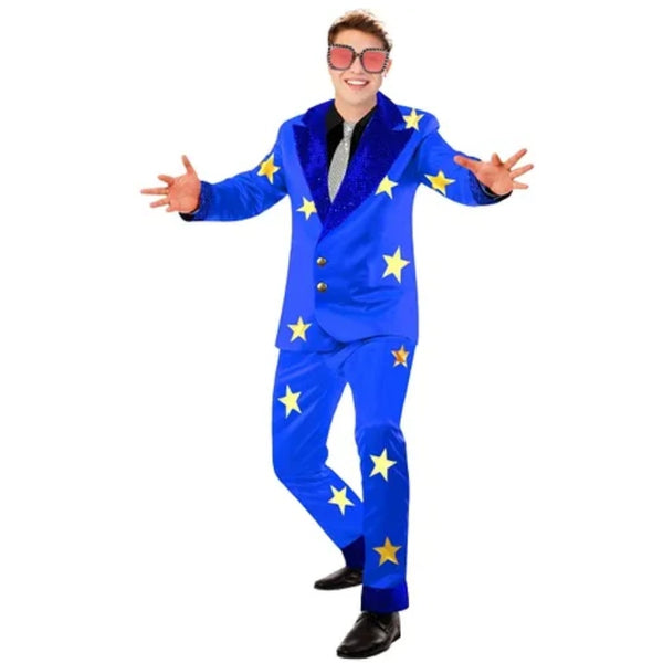Men’s 1970s blue rocket-themed costume with stars and red glasses