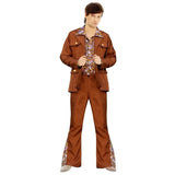 1970s brown safari suit costume with floral shirt and flared pants for men