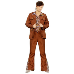 1970s brown safari suit costume with floral shirt and flared pants for men