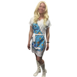 Blue 1970s musician cat dress for hire