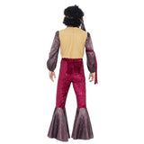 1970s psychedelic rocker costume with flares, waist length cream vest with fur trim.