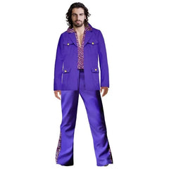 1970s purple safari suit costume with floral shirt and flared pants
