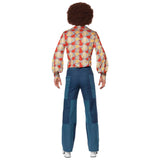 Back view of a 1970s retro costume featuring patchwork denim-look pants with belt loops and a long-sleeve shirt in orange, yellow, and gray