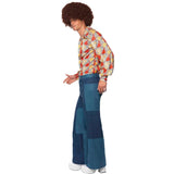Side view of a 1970s retro costume featuring patchwork denim-look pants and a shirt with a wide collar and cuffs.