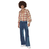 1970s retro costume with colourful shirt and patchwork denim trousers for disco and decade parties