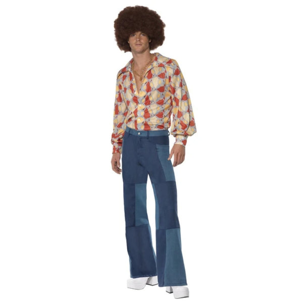 1970s retro costume with colourful shirt and patchwork denim trousers for disco and decade parties