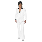 1970's white mens suit with flared pants, jacket and mock shirt and vest.