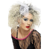 1980s Wild child wig, blonde curly wig with dark roots and mesh white bow which can be removed easily.