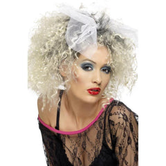 1980s Wild child wig, blonde curly wig with dark roots and mesh white bow which can be removed easily.