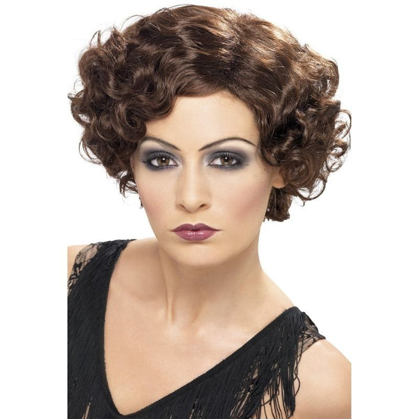 20s brown flirty flapper wig with soft waves and side part, perfect for Gatsby or 1920’s costumes