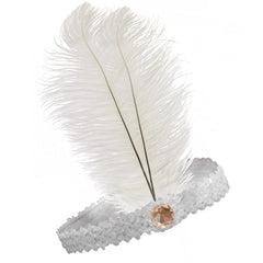 1920s White Sequined Flapper Headband – headpiece with two feathers for Gatsby or vintage costumes.