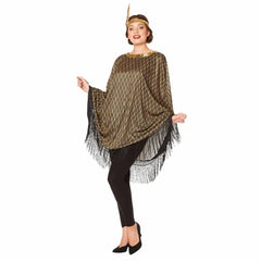 20's Flapper Poncho, black and gold print with sequin trim neckline and black fringing. plus gold headband.
