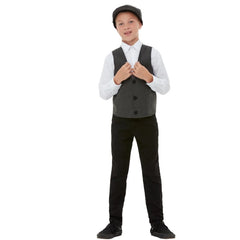 The 20s Gangster Boy Kit includes a grey vest and matching cap in a classic tweed look, perfect for creating a stylish 1920s gangster look