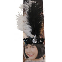 1920s Black and White Sequined Headband – flapper headpiece with feathers for Gatsby or vintage costumes.