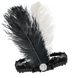 1920s Black and White Sequined Headband – flapper headpiece with feathers for Gatsby or vintage costumes.