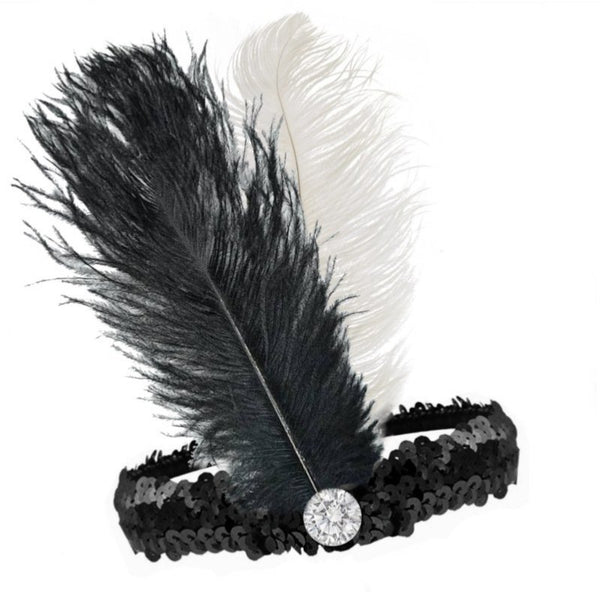 1920s Black and White Sequined Headband – flapper headpiece with feathers for Gatsby or vintage costumes.
