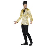 Gold Sequin Jacket, all over sequins with satin linings. No pockets. Bow tie is not included.