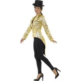 Gold tailcoat jacket for ladies made from sequin fabric.