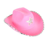 Medium Pink Cowgirl Hat with contrasting star and silver sequin trim on the rim.