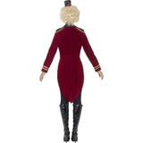 Ladies Ringmaster Costume. Includes burgundy jacket with tails and contrasting black epaulets, seperate bow tie and mini top hat. Gold trim at cuffs.