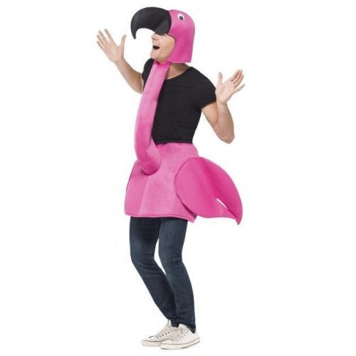Flamingo costume for adults with skirt and long neck attached to hood.