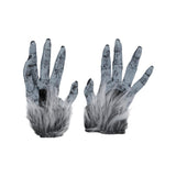 Pair of zombie hands with grayish texture and white fur on a white background