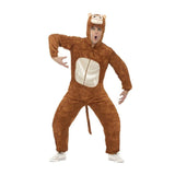 Adult monkey all in one hooded costume in brown with cream tummy, zips up at front. Hood features monkey features and attached tail.