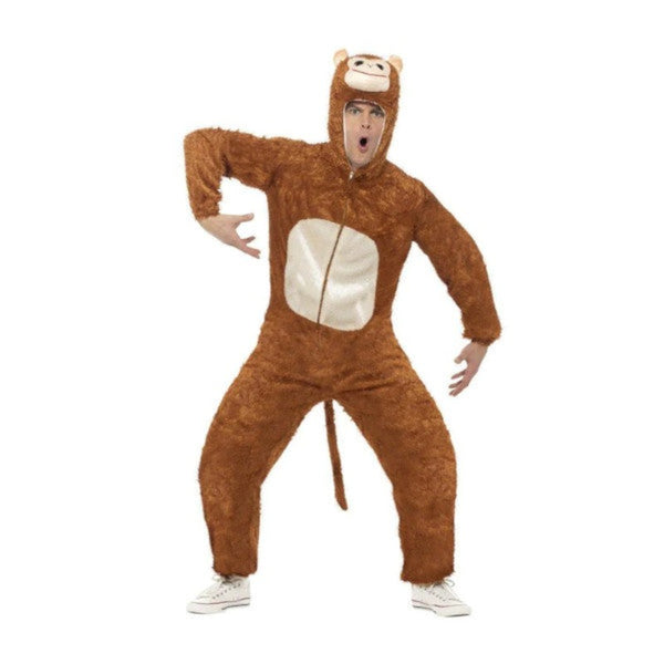 Adult monkey all in one hooded costume in brown with cream tummy, zips up at front. Hood features monkey features and attached tail.