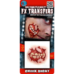 3D FX Tinsley Transfer Cheek Decay, sits at the edge of your lips and shows back teeth, add fake blood for a realistic look.
