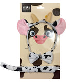 3pc cow set, includes black and white print headband, bow tie and tail.
