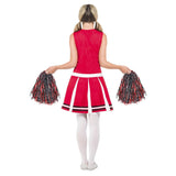 Women's cheerleader costume in red and white. This women's cheerleader costume features a vibrant red and white colour scheme. The dress has a pleated skirt and matching bodice. The bodice showcases a cheerleading emblem, and the ensemble is completed with pom-poms. Perfect for adding spirit to any costume party or event. This dress slips over the head and does not have zips.