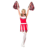 Women's cheerleader costume in red and white. This women's cheerleader costume features a vibrant red and white colour scheme. The dress has a pleated skirt and matching bodice. The bodice showcases a cheerleading emblem, and the ensemble is completed with pom-poms. Perfect for adding spirit to any costume party or event. The dress is not too short and slips over the head.