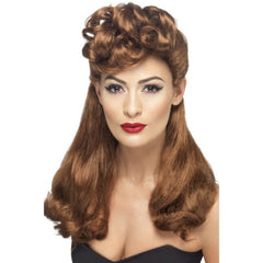 40s Auburn vintage wig with soft curls on top of head and long at the back with slight wave.