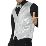 Silver sequin waistcoat. Buttons up and bow tie is not included.