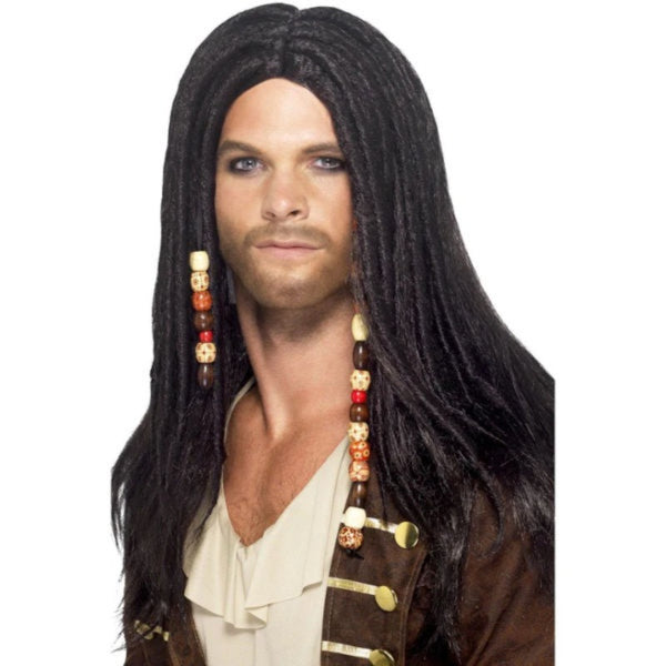 Pirate wig, long with dreads and featuring beads.