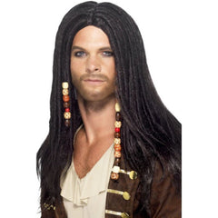 Pirate wig, long with dreads and featuring beads.